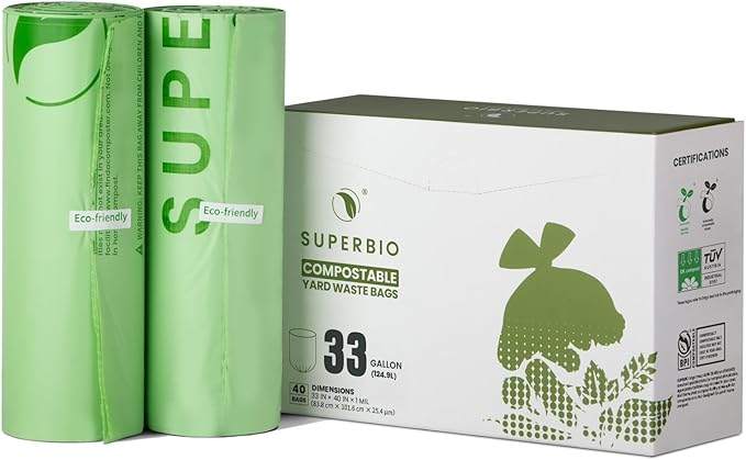 SUPERBIO 33 Gallon Compostable Yard Waste Bags, Lawn & Leaf Bags, 40 Count, ASTM D6400, BPI and OK compost INDUSTRIAL