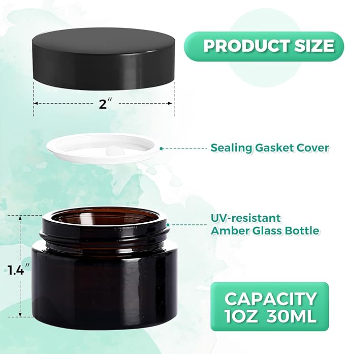 1OZ Amber Glass Jars with lids, 36 Pack Empty Cosmetic Jars, Refillable Airtight Wide Mouth Container for DIY, Sample, Cream, Lotion, Candle Making, Powder, Cosmetic