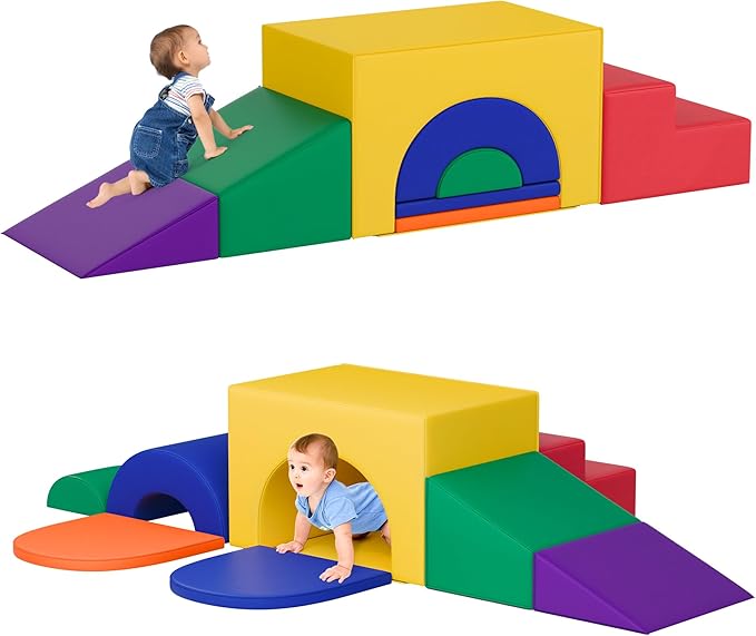Soft Foam Climbing Blocks Set – Large 5-in-1 Soft Play Toys Crawling & Sliding Climbing Arch for Toddlers, Foam Playset for Nursery,Preschool (Classic American Color)