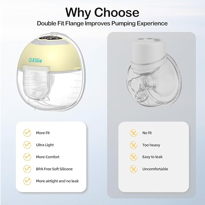 Ellie Wearable Hands Free Breast Pump, Portable Breastfeeding Pump w/Soft Double-Sealed Flange, Anti-Backflow & Leakproof Design, Ultra-Slim and Quiet, 4 Modes 9 Levels, Smart Nightlight, 2 Pack