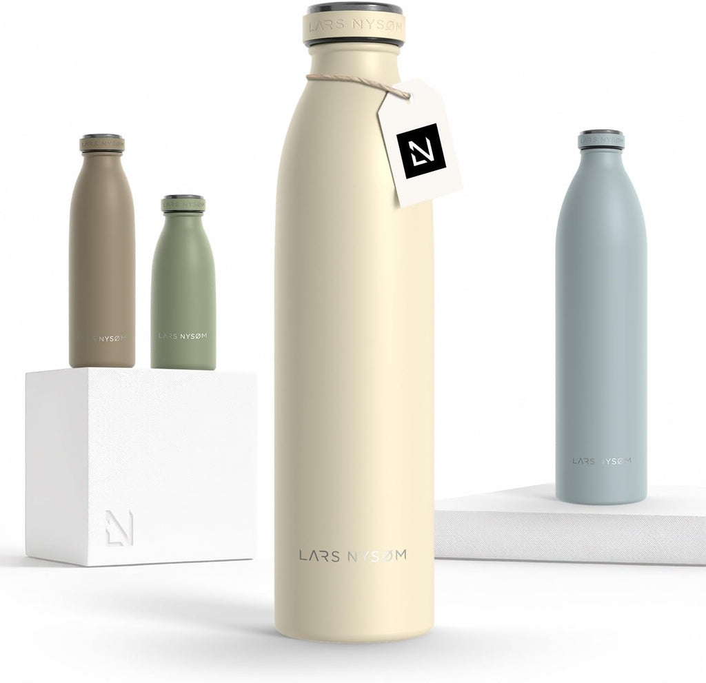 LARS NYSØM Stainless Steel Insulated Water Bottle 12oz 17oz 25oz 34oz 51oz | Insulated Thermo Flask for Hot and Cold Beverages | Leakproof Drinking Bottle (Almond Beige, 25.4oz)