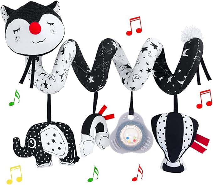 Car Seat Toys, High Contrast Black and White Toy for Infants 0-3 6 12 Months, Musical Black Fox Carseat Toys Stroller Toy for Babies Newborns