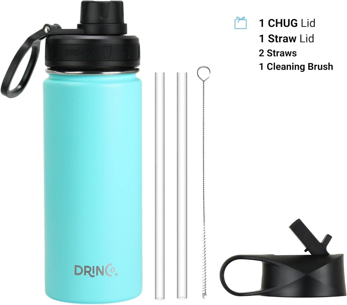 DRINCO Stainless Steel Water Bottle Spout Lid Vacuum Insulated Double Wall Water Bottle Wide Mouth (40oz 32oz 22oz 18oz 14oz) Leak Proof Keeps Cold or Hot (18 oz, 18oz Teal)