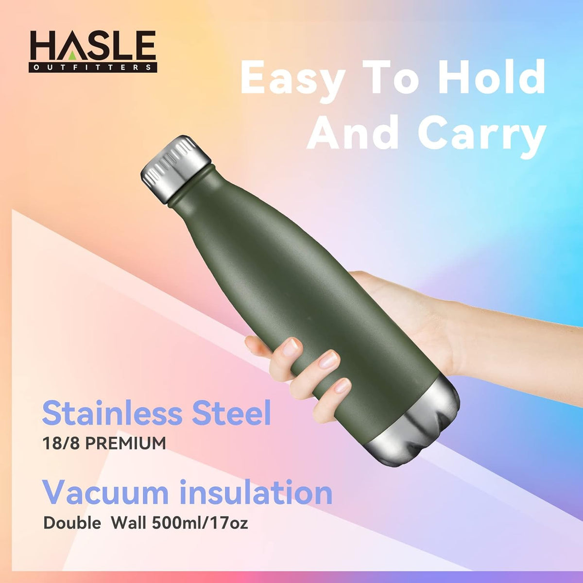 HASLE OUTFITTERS 17oz Stainless Steel Water Bottles Bulk, Vacuum Insulated Double Walled Powder Coated Reusable Metal Sports Water Bottles Keep Drinks Hot and Cold, ArmyGreen, 8Packs