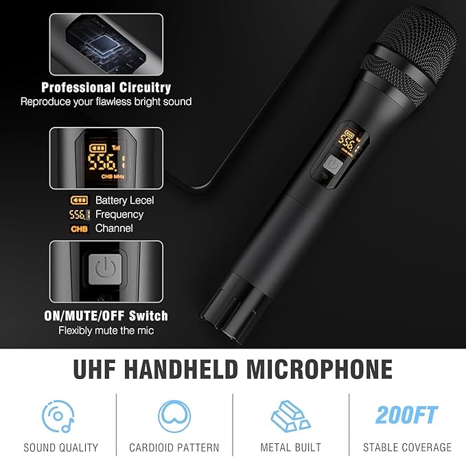 Wireless Microphone Karaoke System, Dual UHF Cordless Dynamic Mic Handheld Microphone System, 100ft Range, for Karaoke, Meeting, Party, Home KTV Set, Wedding, Church, DJ