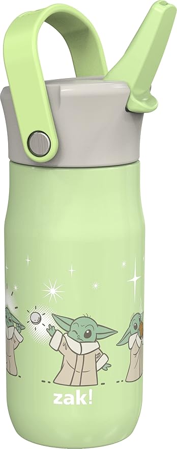 Zak Designs Harmony Star Wars The Mandalorian Kid Water Bottle for Travel or At Home, 14oz Recycled Stainless Steel is Leak-Proof When Closed and Vacuum Insulated (Baby Yoda, Grogu)