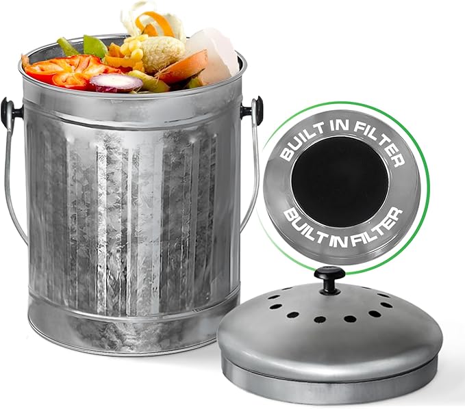 Plexon Countertop Compost Bin Kitchen Indoor, with Lid, Silver 1.5 Gallon Odorless Kitchen Compost Container, Steel Food Bucket Pail with Charcoal Filter, Silver