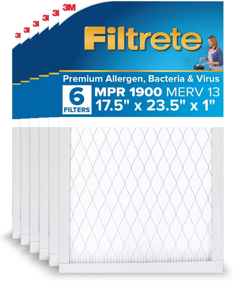 Filtrete 17.5x23.5x1 AC Furnace Air Filter, MERV 13, MPR 1900, Premium Allergen, Bacteria&Virus Filter, 3-Month Pleated 1-Inch Electrostatic Air Cleaning Filter,6-Pack (Actual Size 17.19x23.19x0.78in)