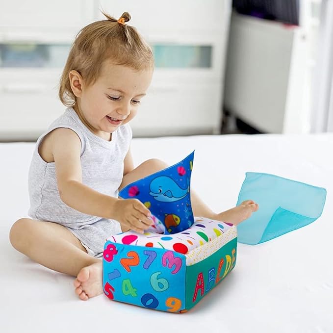 teytoy My First Baby Tissue Box, Soft Stuffed High Contrast Crinkle Montessori Square Sensory Toys Juggling Rainbow Dance Scarves for Toddler, Infants, Newborns and Kids Educational Preschool Learning