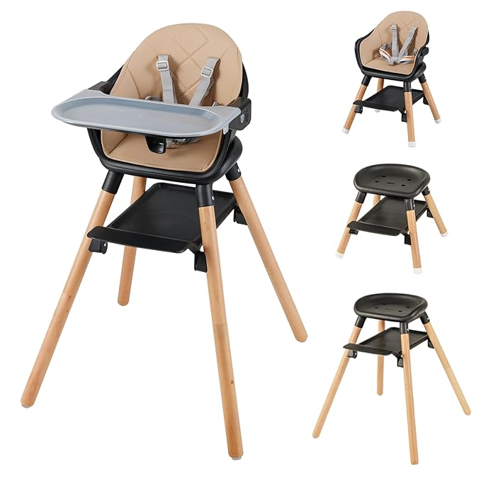 BABY JOY Baby High Chair, 6 in 1 Convertible Wooden High Chair for Babies & Toddlers with Adjustable Legs, Double Removable Tray, Safety Harness & Waterproof PU Cushion (Coffee)