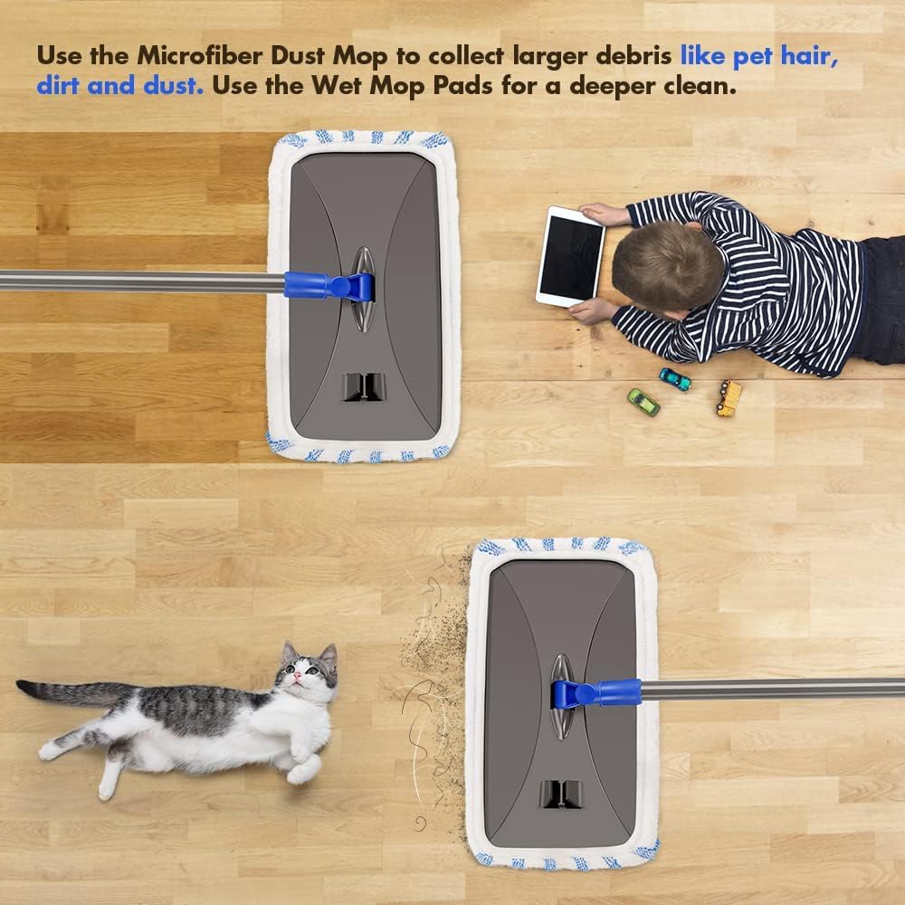 Masthome Extra Large Microfiber Mop for Floor Cleaning, 16“ Flat Mop with 5 Pad for Wet & Dry Use, Dust Mop for Hardwood Laminate Tile Ceramic, 1 Cleaning Scraper Included-Blue