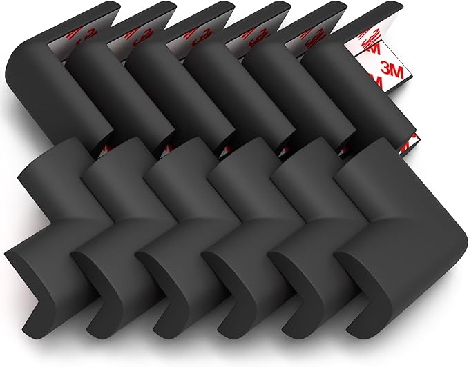 12-Pack Corner Protectors Baby Proof, Furniture Corner and Edge Safety Bumpers, Soft Rubber Foam Cushion Covers, 3M Taped Corner Guards, Baby Child Proofing Pads, Table Corner Protectors, Black