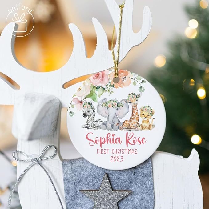 Unifury Personalized Baby First Christmas Ornament 2024, Keepsake for Babies First Christmas Tree, Holiday Decor for Celebrating Ceramic Babys 1st Christmas Ornament 2024, Safari Animal Floral