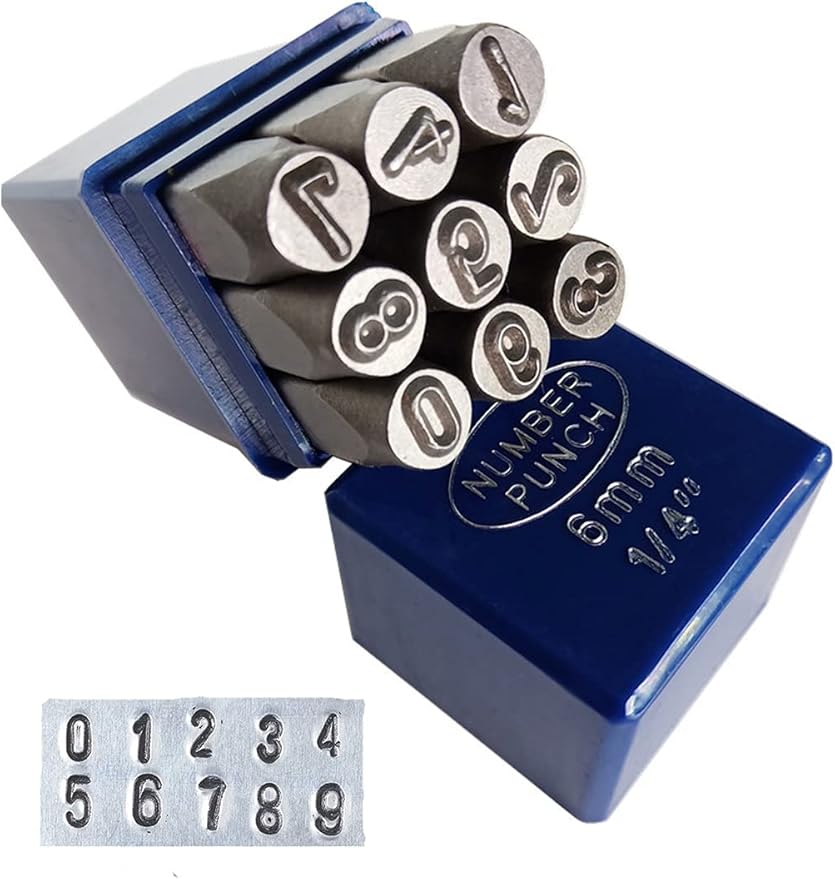 YKLP 1/4" Metal Number Stamps Set, 6mm Steel Number Punch DIY Tool for Leather, Brass, Aluminum, Mild Steel 9Pcs(0-9)