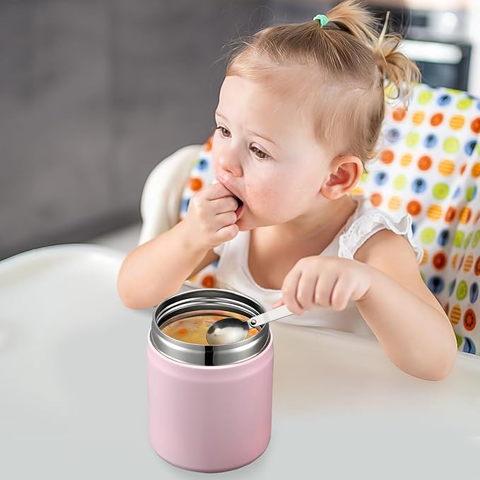 17oz Soup Thermo for Hot Food Kids Insulated Vacuum Food Jar with Stainless Steel Spoon Wide Mouth Thermo Leakproof Lunch Food Container Kids Hot Lunch Box (Pink)