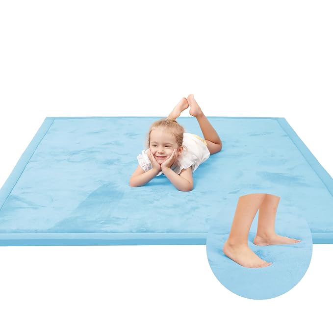 Baby Play Mat for Floor,1.3" Thick Memory foam Tummy Time Mat,Soft Coral Velvet Nursery Rug for Toddlers,Infants,kids,Extra Large Non Slip for Crawling,Tatami Style(Light Blue)
