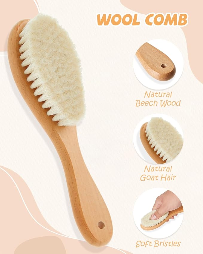 Lictin Baby Hair Brush and Comb Set, 4 Pcs Newborn Hair Brush with Soft Bristle, Natural Goat Hair and Wood Baby Cradle Cap Comb for Newborns & Toddlers, Newborn Baby Essentials, Perfect Registry Gift