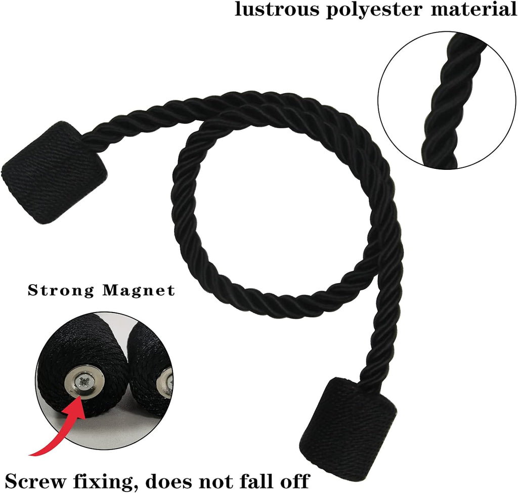 4 Pack Strong Magnetic Curtain Tiebacks Outdoor Elegant Decorative Tie Backs Modern Rope Tiebacks for Drapes Window Curtain Holdbacks for Draperies- Black