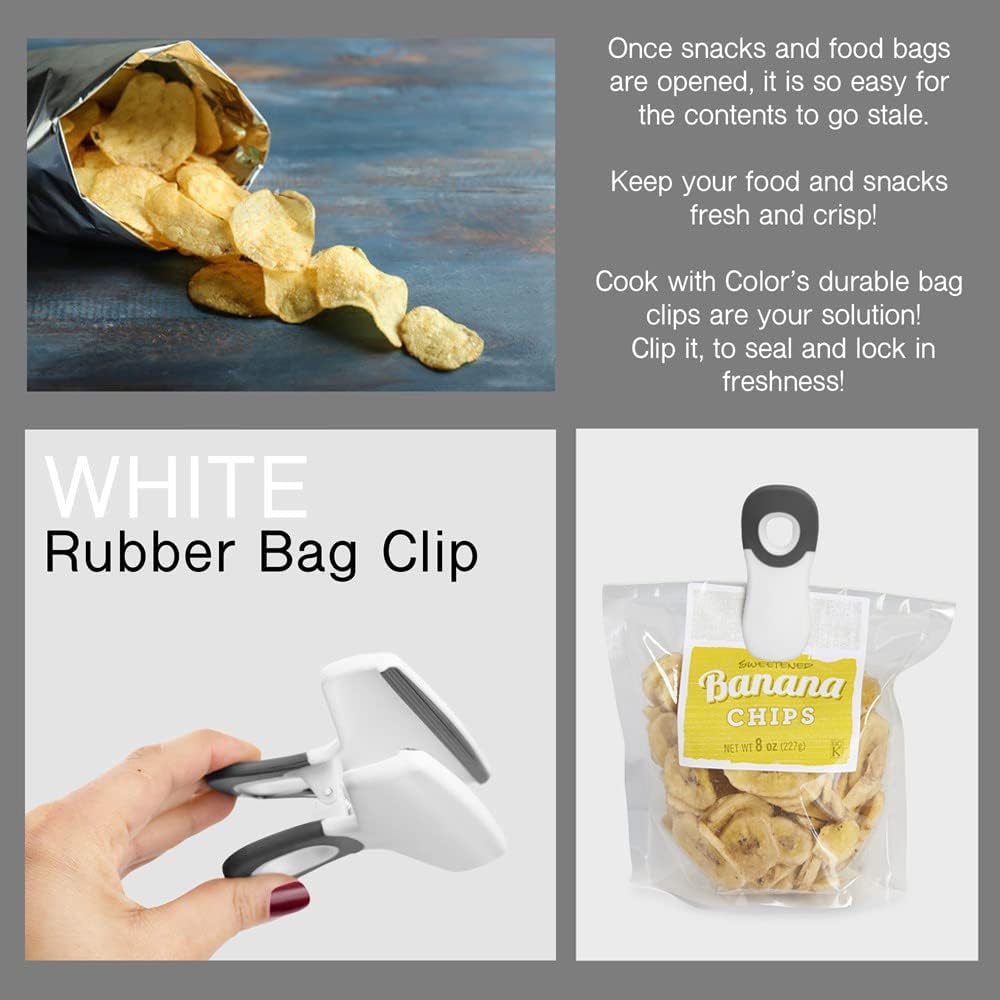COOK WITH COLOR Bag Clips, Heavy Duty Chip Clip and Refrigerator Magnet Clips for Food Storage with Air Tight Seal Grip for Snack Bags and Food Bags (White, Pack of 8)
