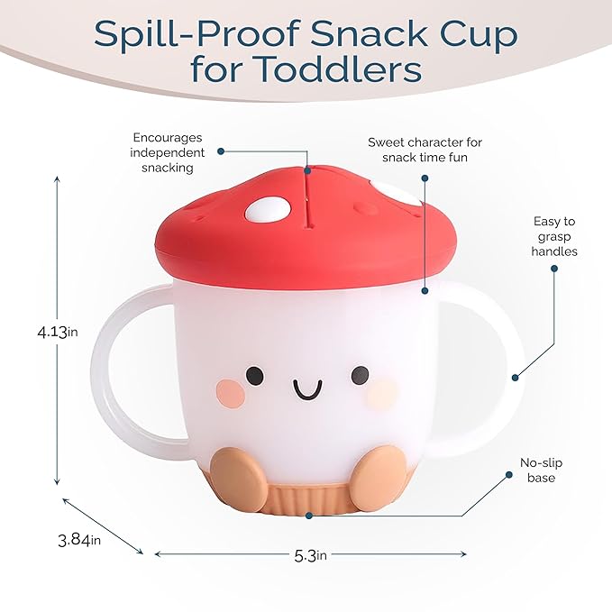 Itzy Ritzy Toddler Snack Cup - Spill-Proof Snack Cup for Toddlers with Soft Silicone Lid for Easy Food Access - Easy-To-Hold Kids Snacks Container With Handles - Ideal for 12 months & Up (Mushroom)