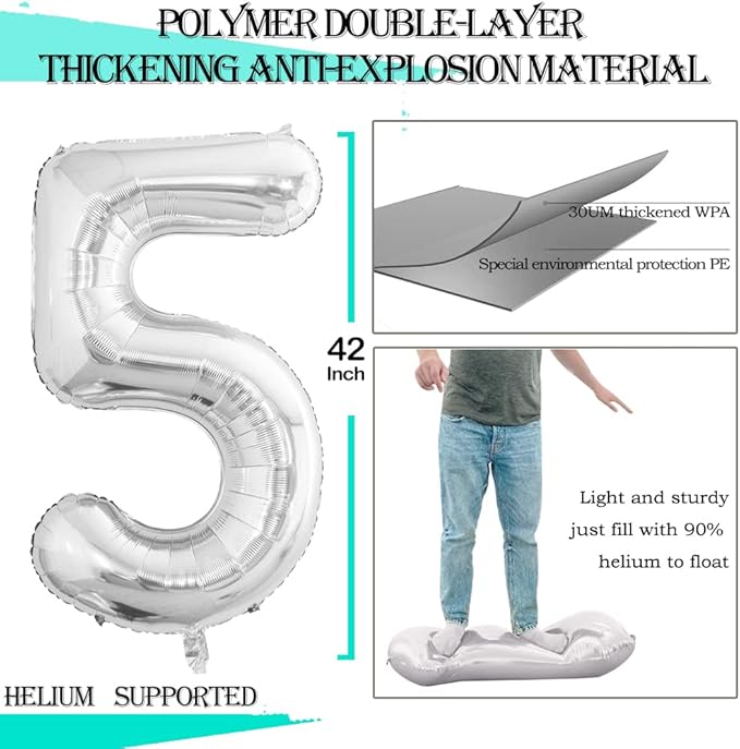 GOER Silver Foil Balloons Number 5,Huge Number Balloons for 5th 55th Birthday Party Supplies Anniversary Decorations(3 pcs,42 inch,32 inc,16inch)