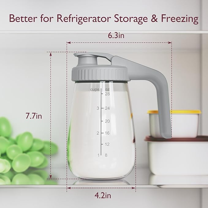 Momcozy Breast Milk Pitcher, Resistant to Heat and Cold Abrupt Temp Swings, No Leak Glass Breast Milk Fridge Storage Container with Wide Mouth, Fast Baby Formula Maker, Breastfeeding Essentials, Grey