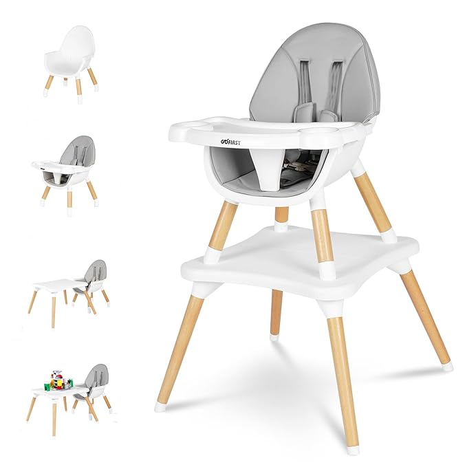 Gofirst 6 in 1 Baby High Chair,Convertible Wooden High Chairs for Babies and Toddlers,Infant Dining Booster Seat,Building Block Table/Baby Highchair 4-Position Removable Baby Feeding Chair