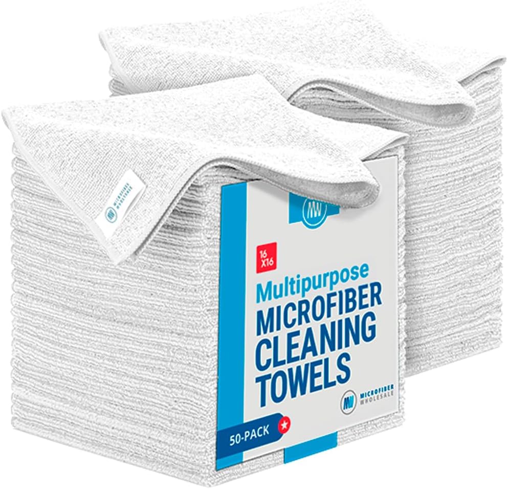 Microfiber Wholesale All Purpose Microfiber Towels - 50 Pack - Reusable Wash Cloths, Dust, Kitchen, Car, Shop Rags for Cleaning (White)