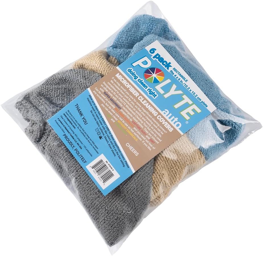 POLYTE Premium Lint Free Microfiber Cleaning Covers for Windshield Cleaning Tool, Fits 4x6 inch Plate (Blue/Gray/Teal, 6 Pack)