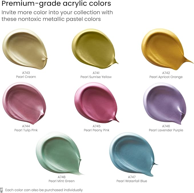 ARTEZA Pastel Acrylic Paint, Set of 8, Metallic Tones, 4.06 fl oz Tubes, High Viscosity Water-Based Paint, Glossy Finish, Art Supplies for Painting Paper, Canvas, Wood and Fabric, and DIY Projects