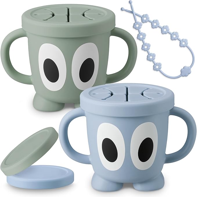 Silicone Snack Cups Food Container for Toddlers and Babies, Spill Proof Training Cup with Snack Cup Lid & Dust Proof Lid, Comes with a toy strap, Without BPA, Lead, or Phthalates (Ether & Sage)