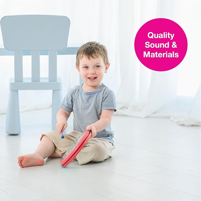 Edushape Classic Flat Drum for Baby with Easy-Grip Mallet - Set of 1 Red Color Baby Drum Toy for Toddlers, 2-Year Old and Up - Small Drums Musical Toy for Babies, Fun Tummy Time, Sensory Development