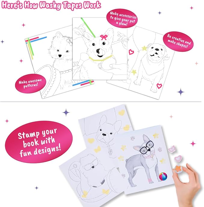 BSCOOL Dog in Style – Design Your Pet Fashion with 25 Coloring Pages, 3 Stamps, 50+ Stickers, Washi Tapes and Guides. Discover Unique Outfits for Dogs. Educational. Travel Friendly for Ages 5 and up.