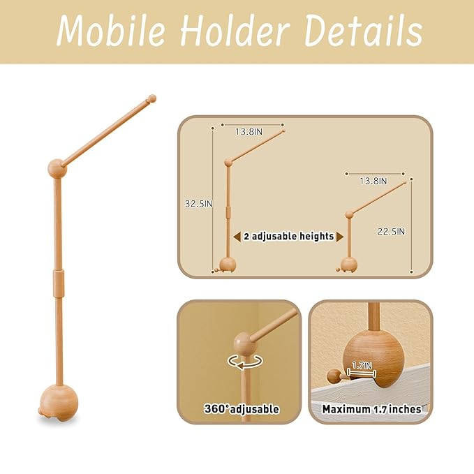 Crib Mobile Arm with Music Box,32.5 Inch Crib Mobile Stand,Wooden Mobile Arm for Crib (2 Modes,360°Adjustable,100% Beech Wood) Baby Crib Mobile for Boy and Girl