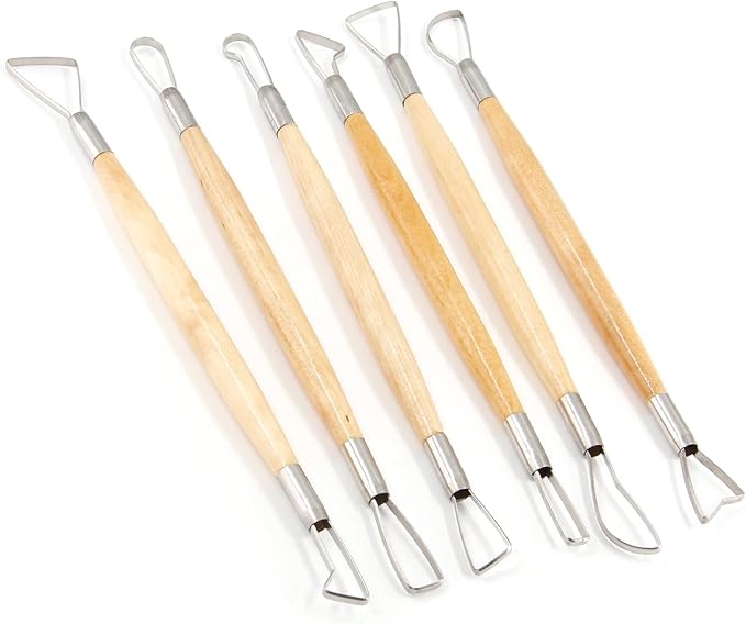 Suiwotin 6pcs Double-Sided Clay Sculpting Tools, Wooden Handle Ribbon Clay Tools, Pottery Trimming Tool, Clay Wire Loop Sculpture Set for Ceramic, Wax Carving Modeling