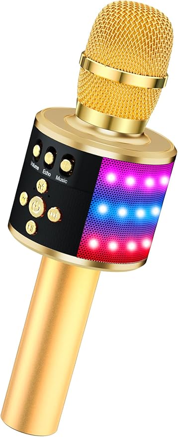 BONAOK Karaoke Microphone for Kids & Adults - Bluetooth Microphones Singing Mic with Disco Lights, Echo Effect, Built-in Speaker Portable Karaoke Player for Party Travel Gifts Q78(Gold)