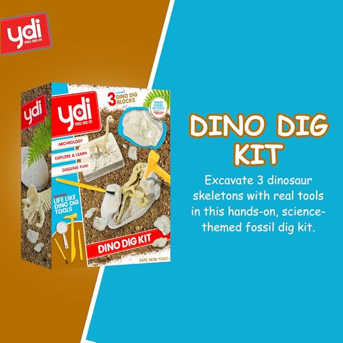 Dinosaur Fossil Digging Kit for Kids, Excavation Science Toy with Tools & 3 Dinosaur Skeletons (T-Rex, Triceratops, Brachiosaurus), Fun Educational Gift for Boys & Girls, Ages 6+