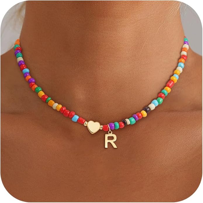 Colorful Initial Necklaces for Girls Women Kids - Teen Girls Gifts Trendy Beaded Initial Necklace Dainty Letter Gifts Choker Necklace for Girl Jewelry
