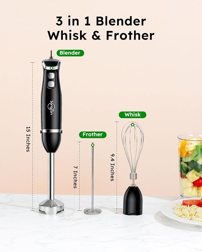 Sangcon Immersion Blender Handheld, 3-in-1 Hand Blender Electric, 400W Handheld Blender, Stainless Steel Blade Stick Mixer with Whisk, Milk Frother Attachments - Black
