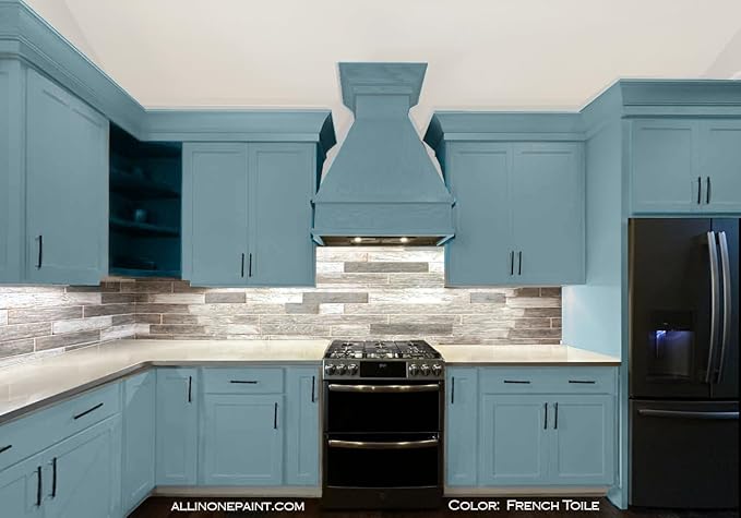 ALL-IN-ONE Paint, Durable cabinet and furniture paint. Built in primer and top coat, no sanding needed. Includes our 30 featured color card - French Toile (warm blue), Quart