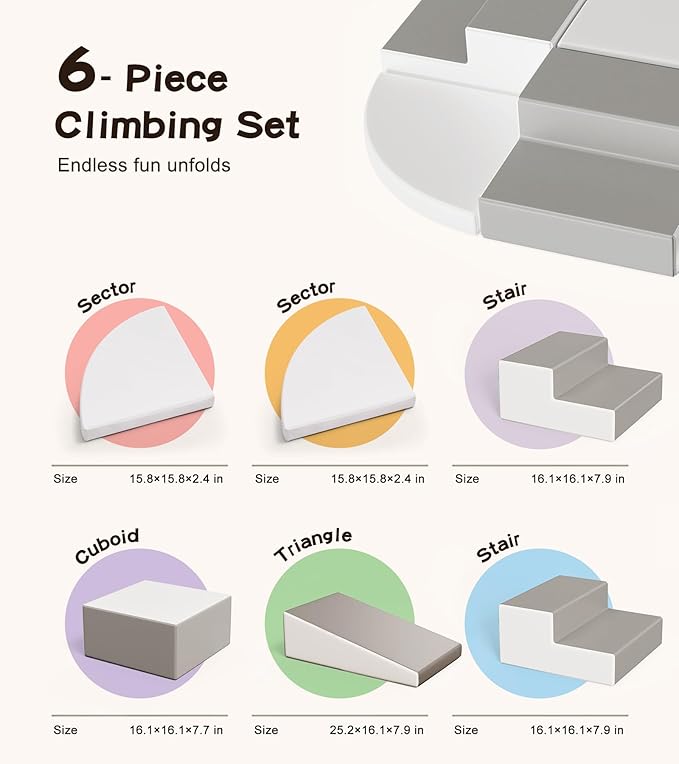 6-Piece Climb and Crawl Activity Play Set, Soft Foam Climbing Blocks for Toddlers with Wipe-Clean PU Leather, Anti-Slip Climbing Toys for Toddlers 1-3 Inside for All-Around Development, Gray & White