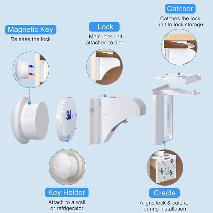 Child Safety Magnetic Cabinet Locks 4 Pack+ Key-AOSITE Baby Proofing Magnetic Drawer Locks for Kitchen with Adhesive No Drilling or Screws Fixed, Baby Safety Cabinet Locks