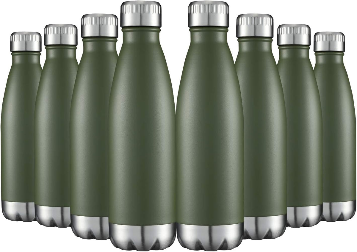 HASLE OUTFITTERS 17oz Stainless Steel Water Bottles Bulk, Vacuum Insulated Double Walled Powder Coated Reusable Metal Sports Water Bottles Keep Drinks Hot and Cold, ArmyGreen, 8Packs