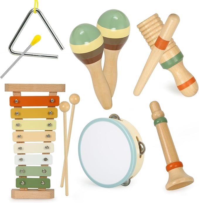 Musical Instruments Set Toys for Toddlers 1-3 - Neutral Colors Wooden Montessori Toys Percussion Music Modern Xylophone Drum Birthday Chirstmas Gifts for 1 2 3 Year Old Kids Baby Toddlers Boys Girls