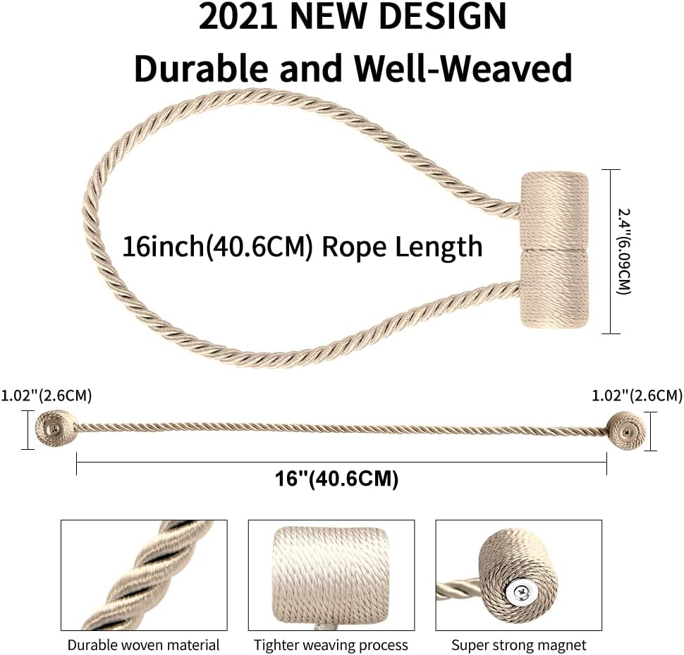 18 Inch Strong Magnetic Curtain Tiebacks, Curtain Holdbacks Modern Upgrade Strong 2021 New Twisted Style Decorative Drapery Rope Tie Backs(2 Pack Beige)