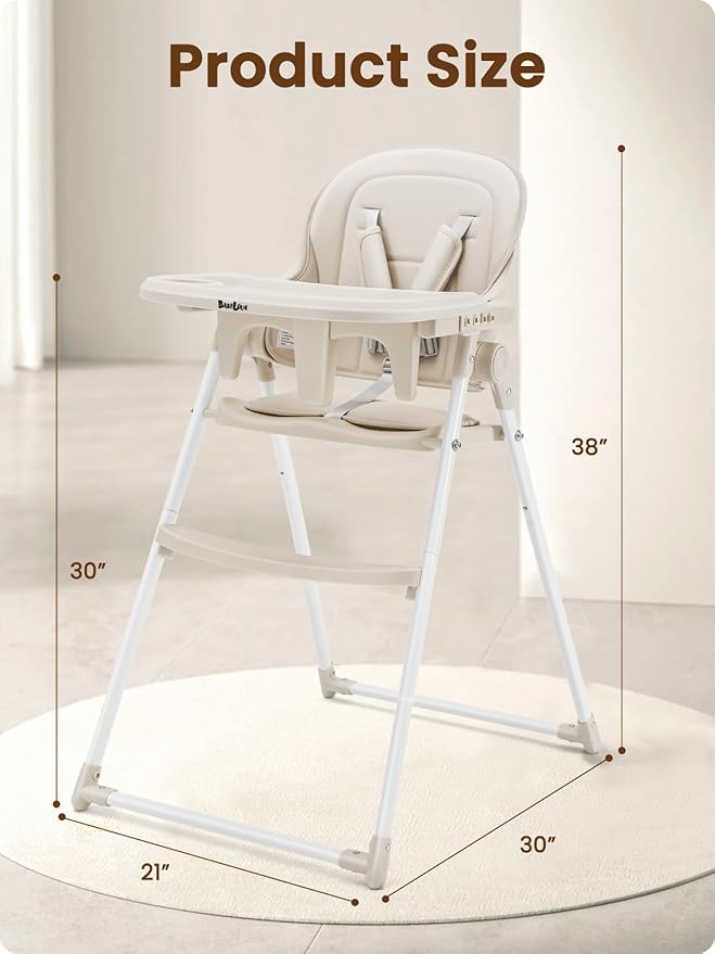 Foldable High Chair, High Chairs for Babies and Toddlers, Dining Chairs and Eating Chair with Adjustable Tray and 5 Point Harness for Infant, Beige