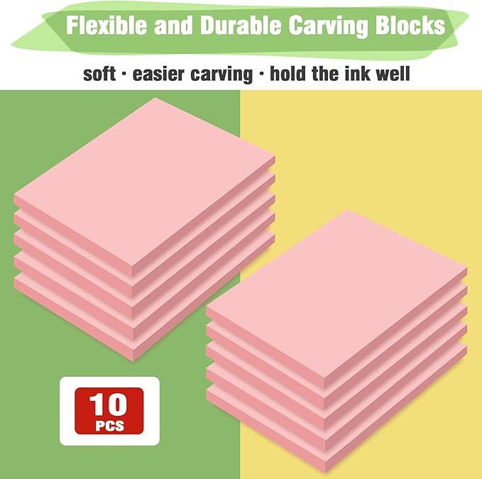 WAYCOM 10-Pack Linoleum Blocks for Printmaking with Cutter Tools, Rubber Stamp Making Kit Rubber Block Stamp Carving Blocks Craft Ink Pad Hobby Knife Pencil for DIY Printmaking,Printing and More