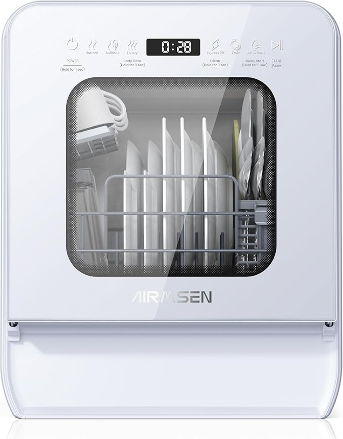 AIRMSEN Portable Countertop Dishwasher with 5L Water Tank, Mini Dishwasher with 14.6” Narrow & 20.1“ Deep Design, 9 Programs, 24H Delay Start & 360° Dual Spray, No Hookup Needed, C01, White