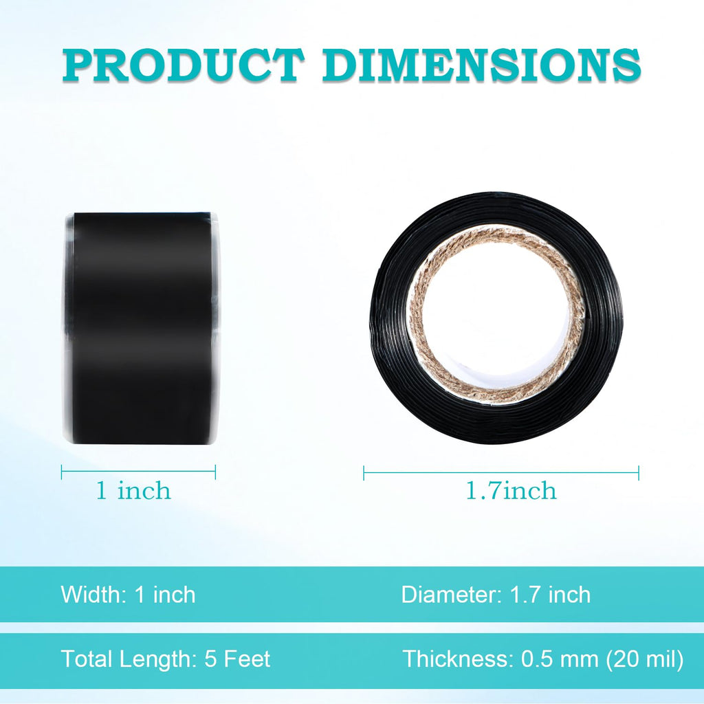 Self Fusing Silicone Tape 1 in x 5' Black Waterproof Rubber Leak Proof Sealing Silicone Rubber Self-amalgamating Tape for Emergency Hot and Cold Water Pipe Repairs and Tool Fixation