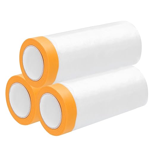 uxcell 3 Rolls Painters Plastic with Tape, 5 x 59 Ft Pre-Taped Masking Film Tape and Plastic Film Paint Plastic Covering Roll for Covering Skirting, Frames and Auto Body, Yellow/Clear